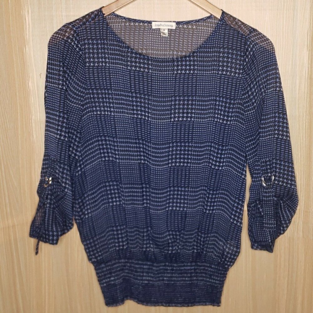 John Paul Richard Sheer Plaid Blue Blouse Medium